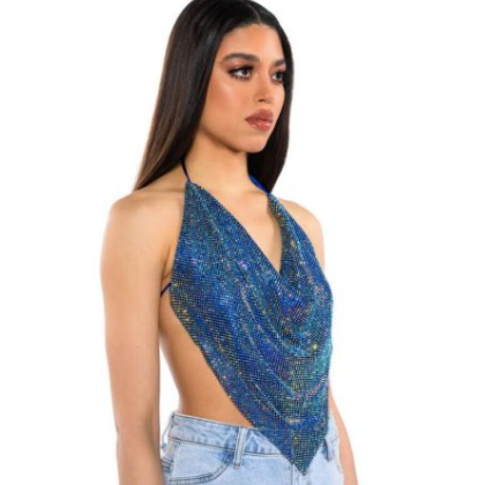 Akira Rhinestone Chainmail Top In Blue -M